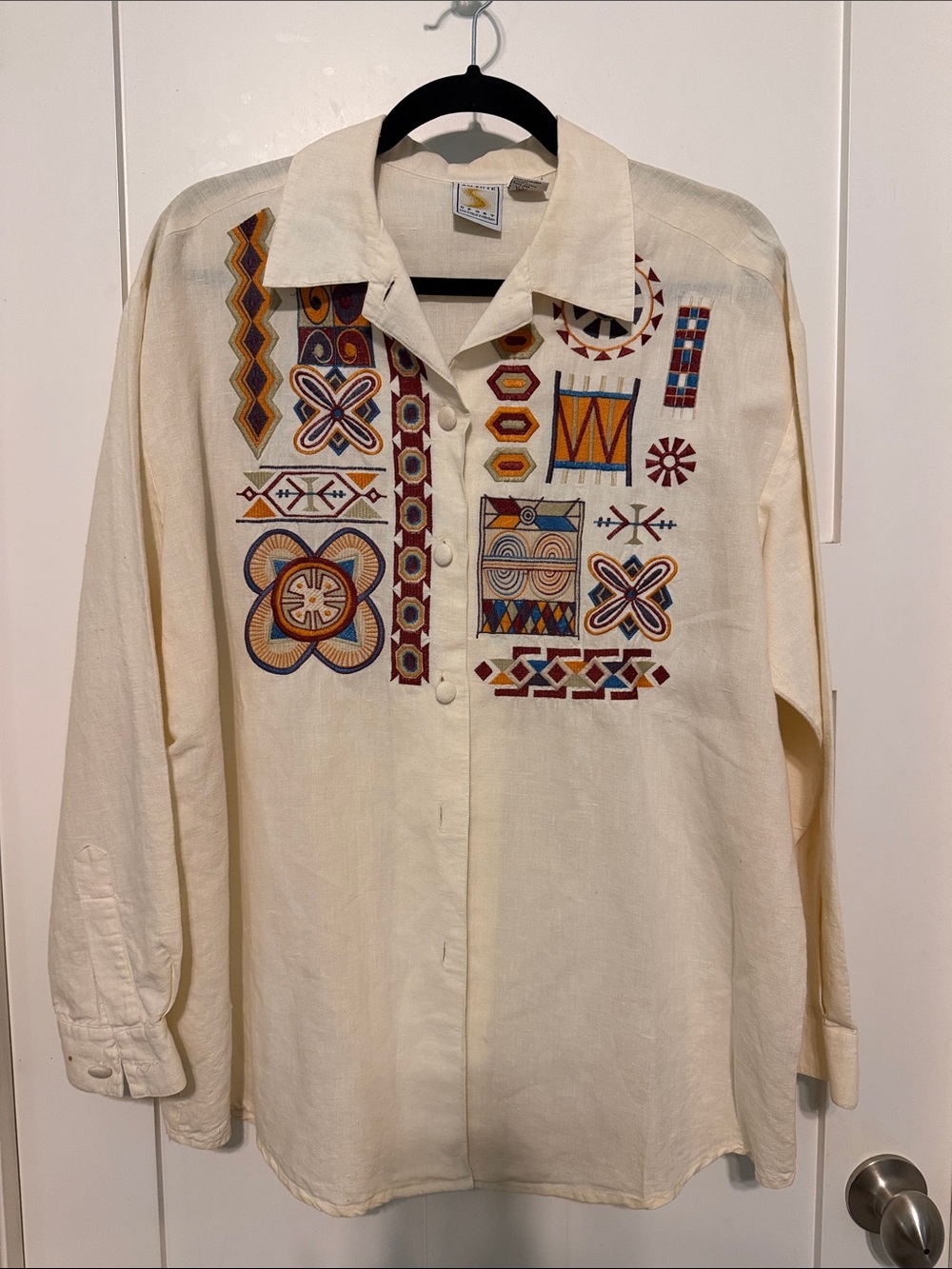 Embroidered Cream Button-Down Shirt with Embroidered Multicolor Geometric Motifs